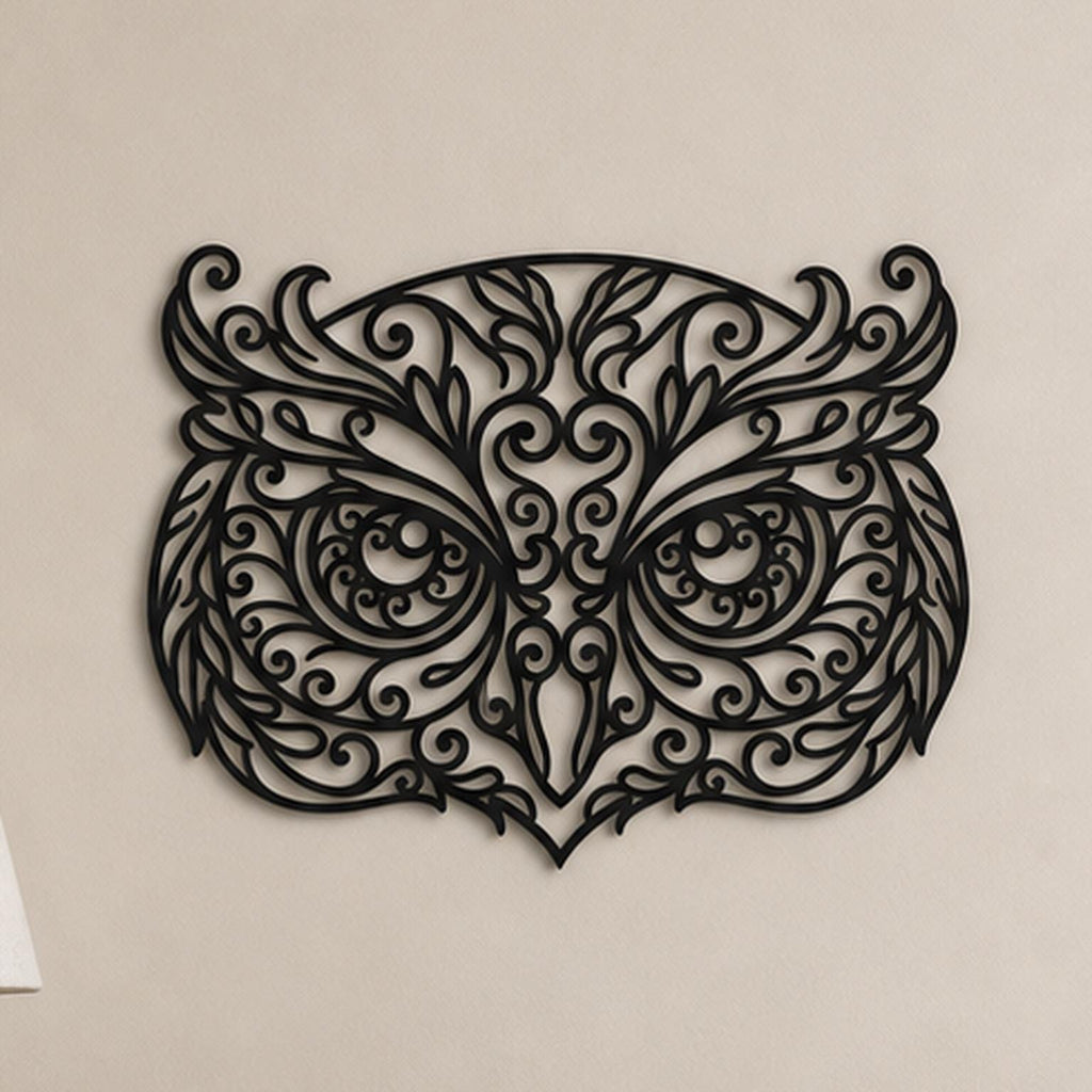 Close-up of Owl filigree wall art in black at accurate 12-inch scale