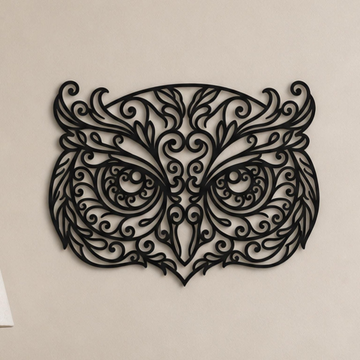 Close-up of Owl filigree wall art in black at accurate 12-inch scale