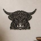 Close-up of Ornate Highland Cow filigree wall art in black at accurate 12-inch scale