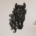 Close-up of Flowing Horse Head filigree wall art in black at accurate 12-inch scale
