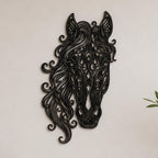 Close-up of Flowing Horse Head filigree wall art in black at accurate 12-inch scale