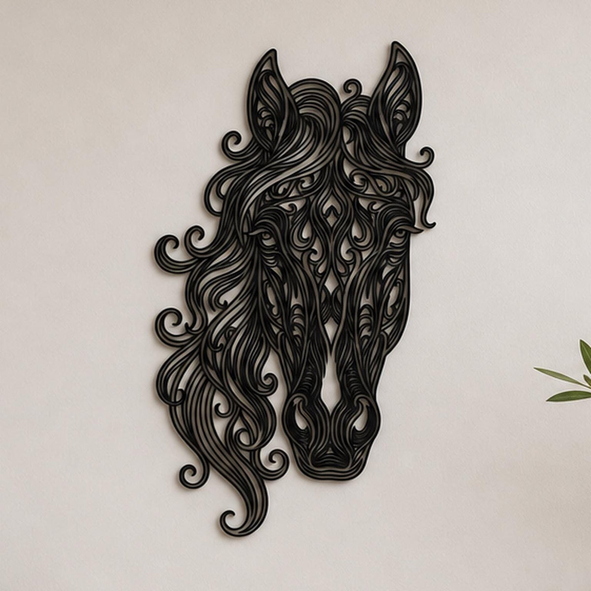 Close-up of Flowing Horse Head filigree wall art in black at accurate 12-inch scale