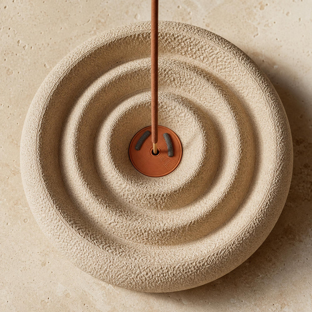 Top-down close-up of the textured Stillwave incense holder in the Desert Ember colorway