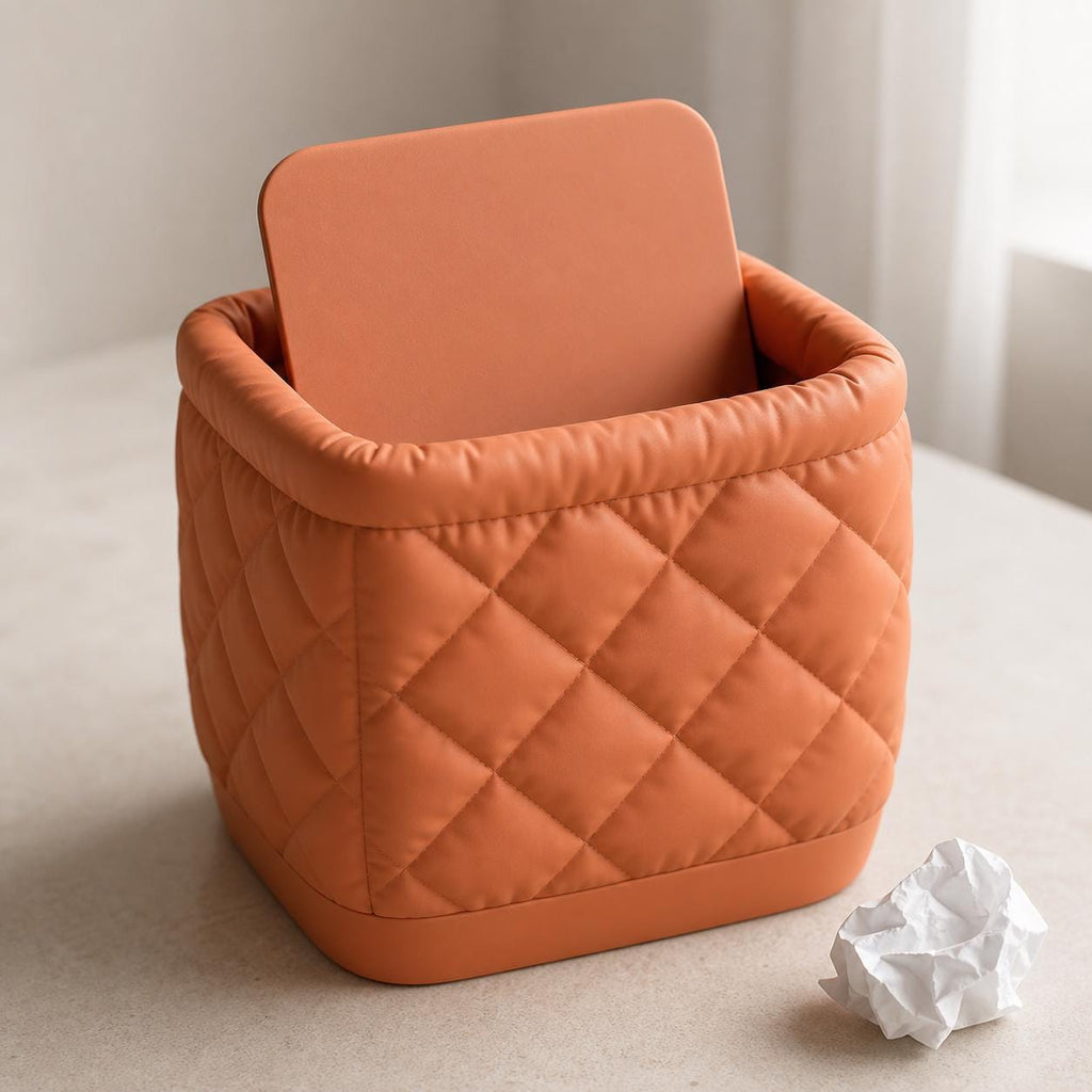 Close-up of the WovenCloud Diamond Quilt desktop bin in Terracotta with swivel lid open