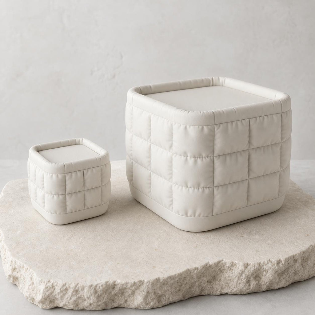 Close-up comparison of the proportional 4-inch and 8-inch Square Puff desktop bins