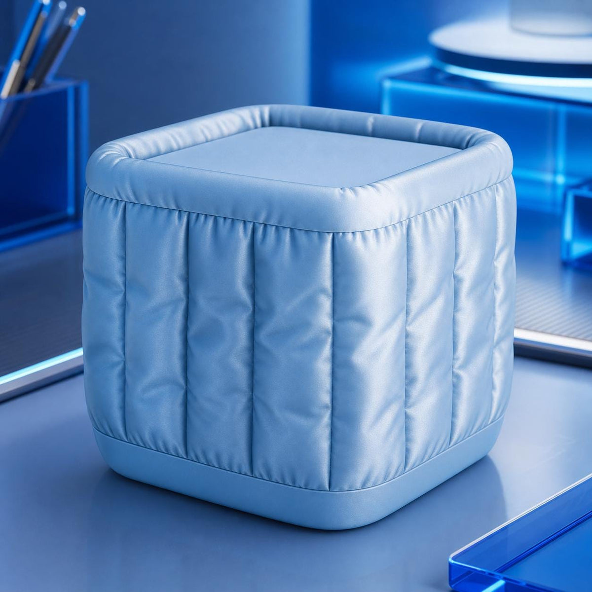 Close-up of the QuiltCore Vertical Fold desktop bin in Silk Blue