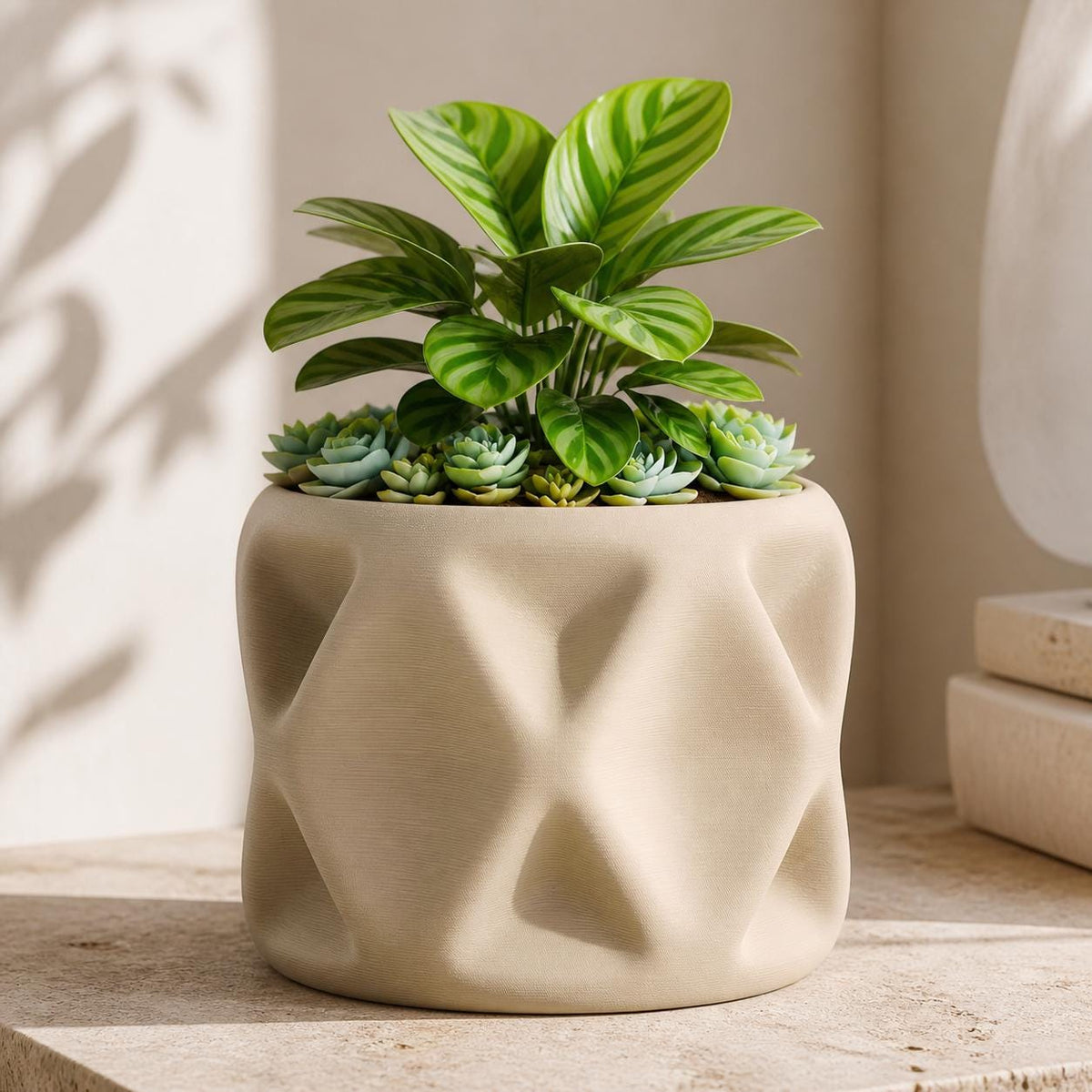 Close-up of the PillowFacet sculptural planter in Beige with a leafy plant and succulents