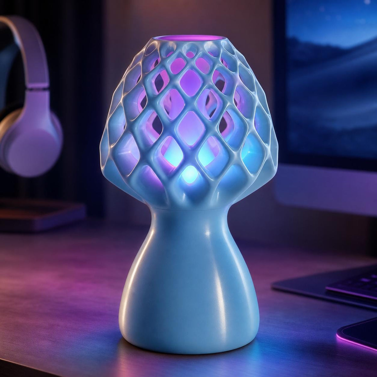 Close-up of the Lumaweave Prism lamp in glossy Silk Blue with RGB LED lighting