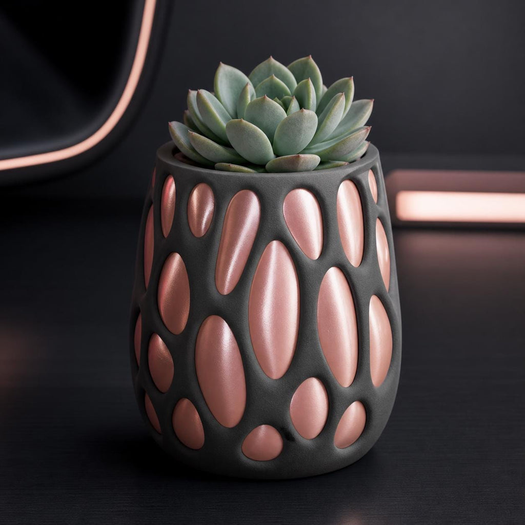 WebCore planter in Rose Circuit with matte Charcoal web and Silk Rose Gold core