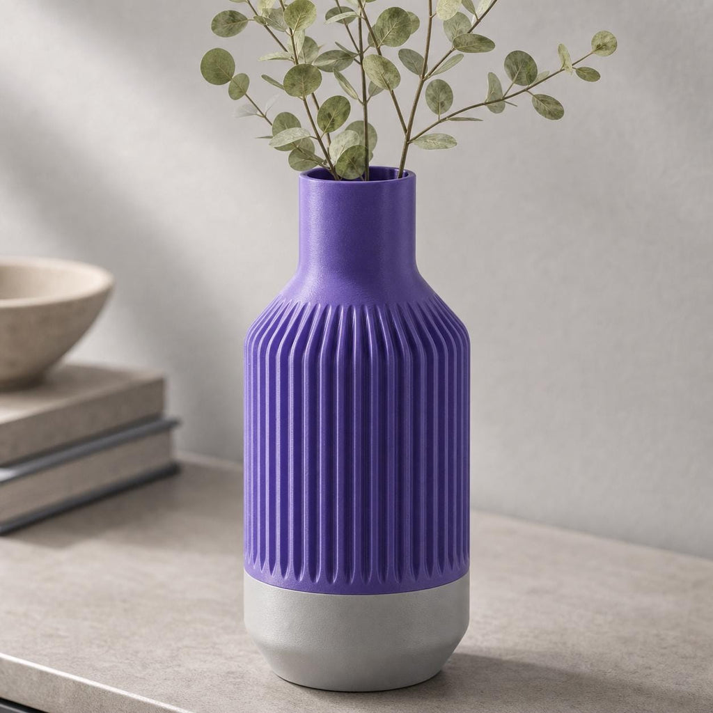 Close-up of the Stillcrest ribbed vase in the Indigo Purple and Light Grey Evening Lilac colorway