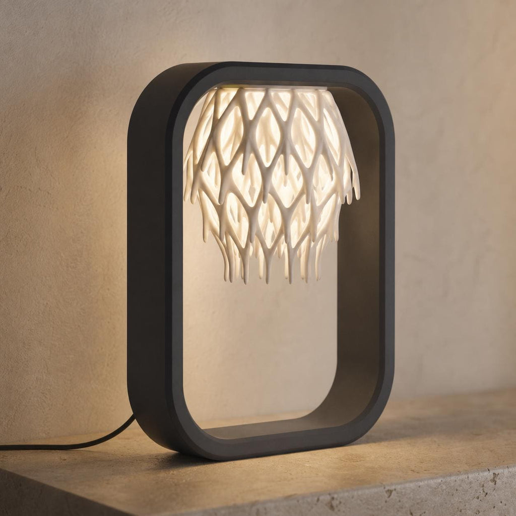 Latticefall ambient frame lamp with Charcoal base, Bone White shade, and USB LED glow