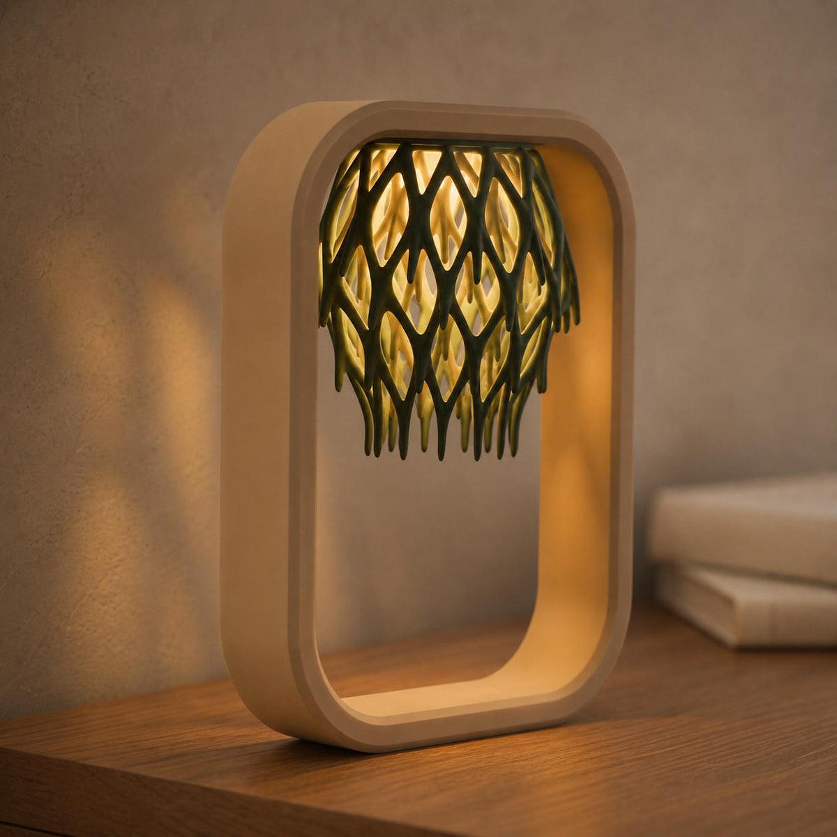 Cord-free Latticefall lamp with Desert Tan frame and Dark Green flameless-tealight shade