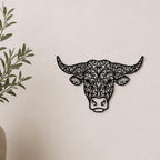 Close-up of Cow Portrait filigree wall art in black at accurate 12-inch scale