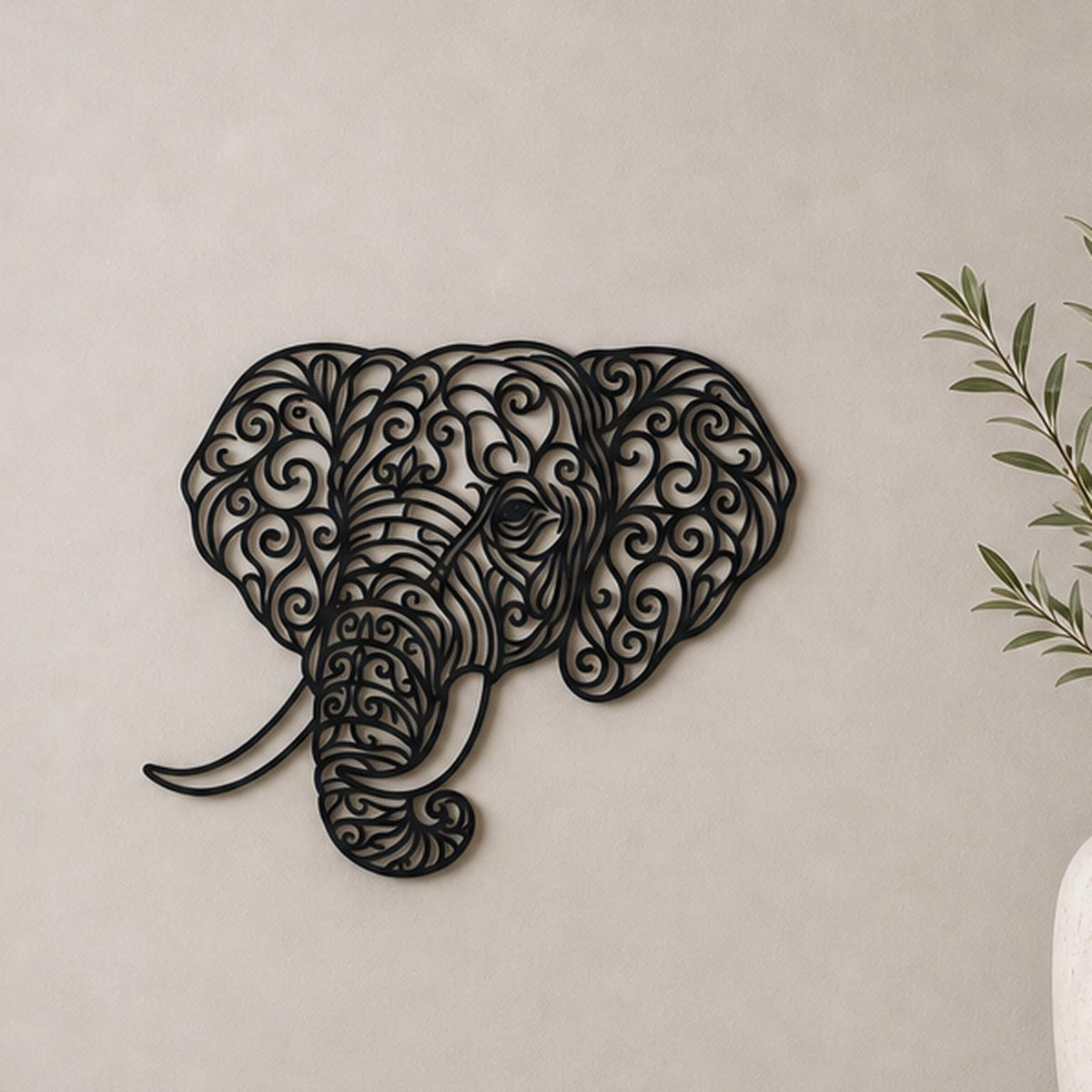 Close-up of Elephant Head filigree wall art in black at accurate 12-inch scale