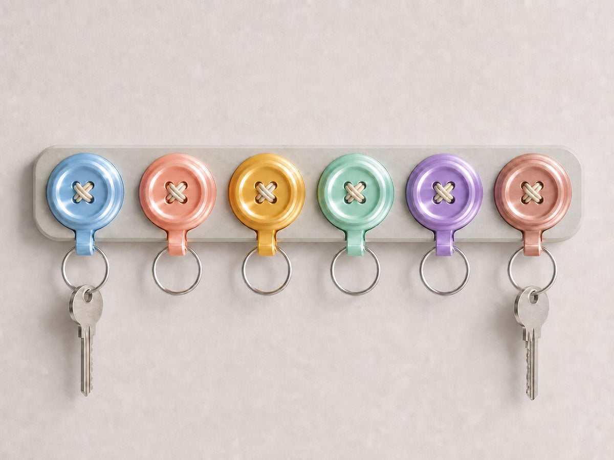 Close-up of the six-slot ButtonOrbit wall key holder in the glossy Silk colorway
