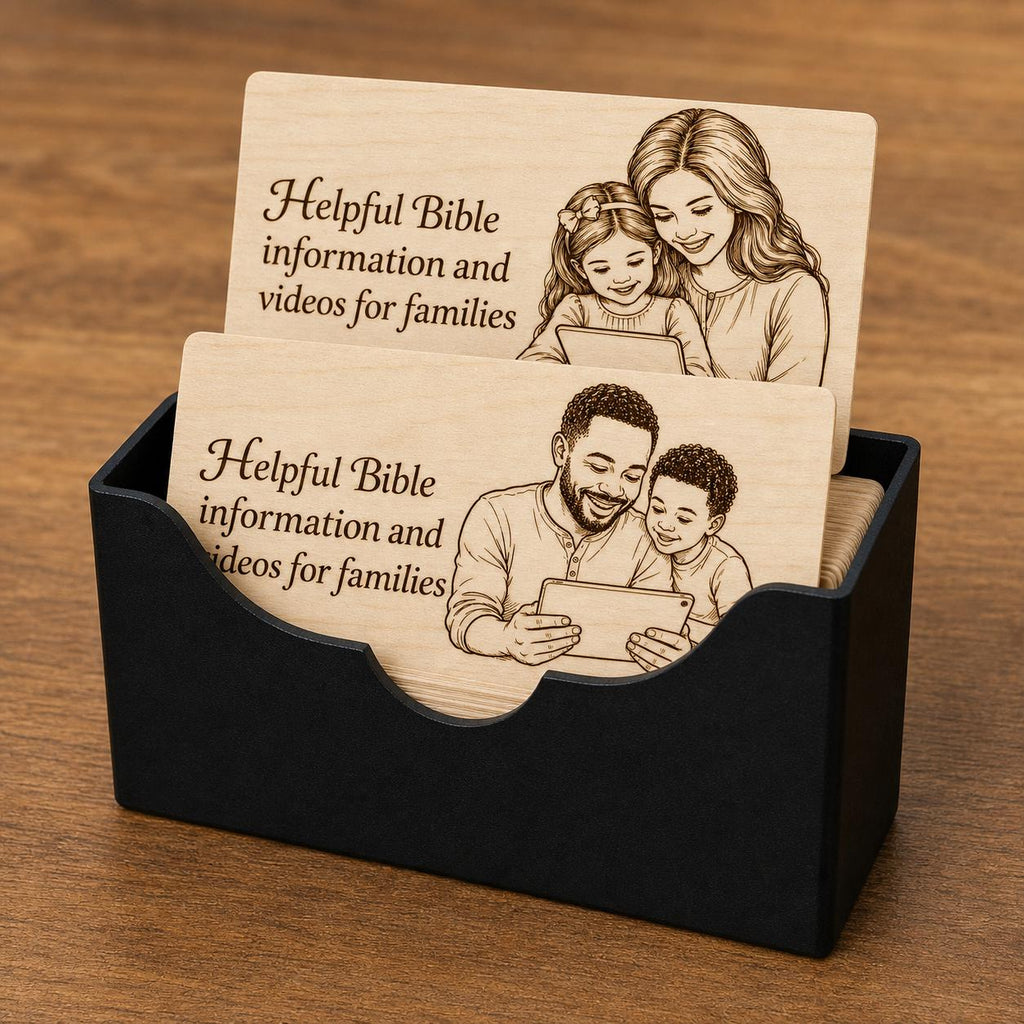 Kindred Light Family Contact Cards displayed close up in a matte black notched card case.
