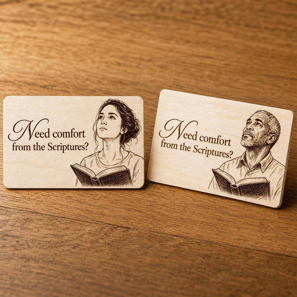 Quiet Harbor Comfort Contact Cards showing both engraved birch reading artworks in a close-up tabletop view.
