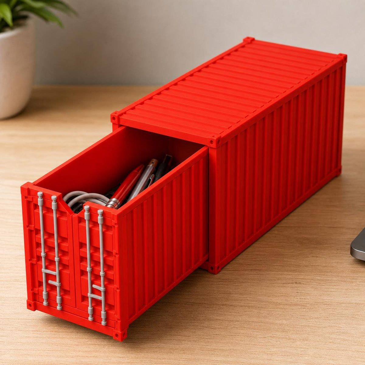 Close view of the Red HarborGrid drawer open on a light wood desk with pens and cables stored inside