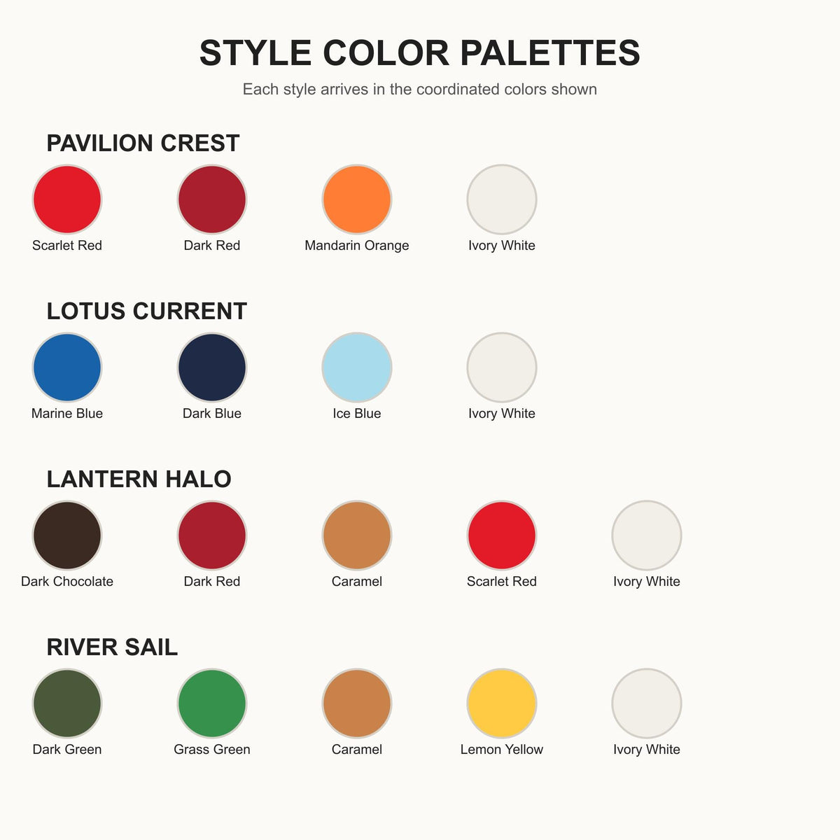 Labeled color guide for Pavilion Crest, Lotus Current, Lantern Halo, and River Sail style palettes