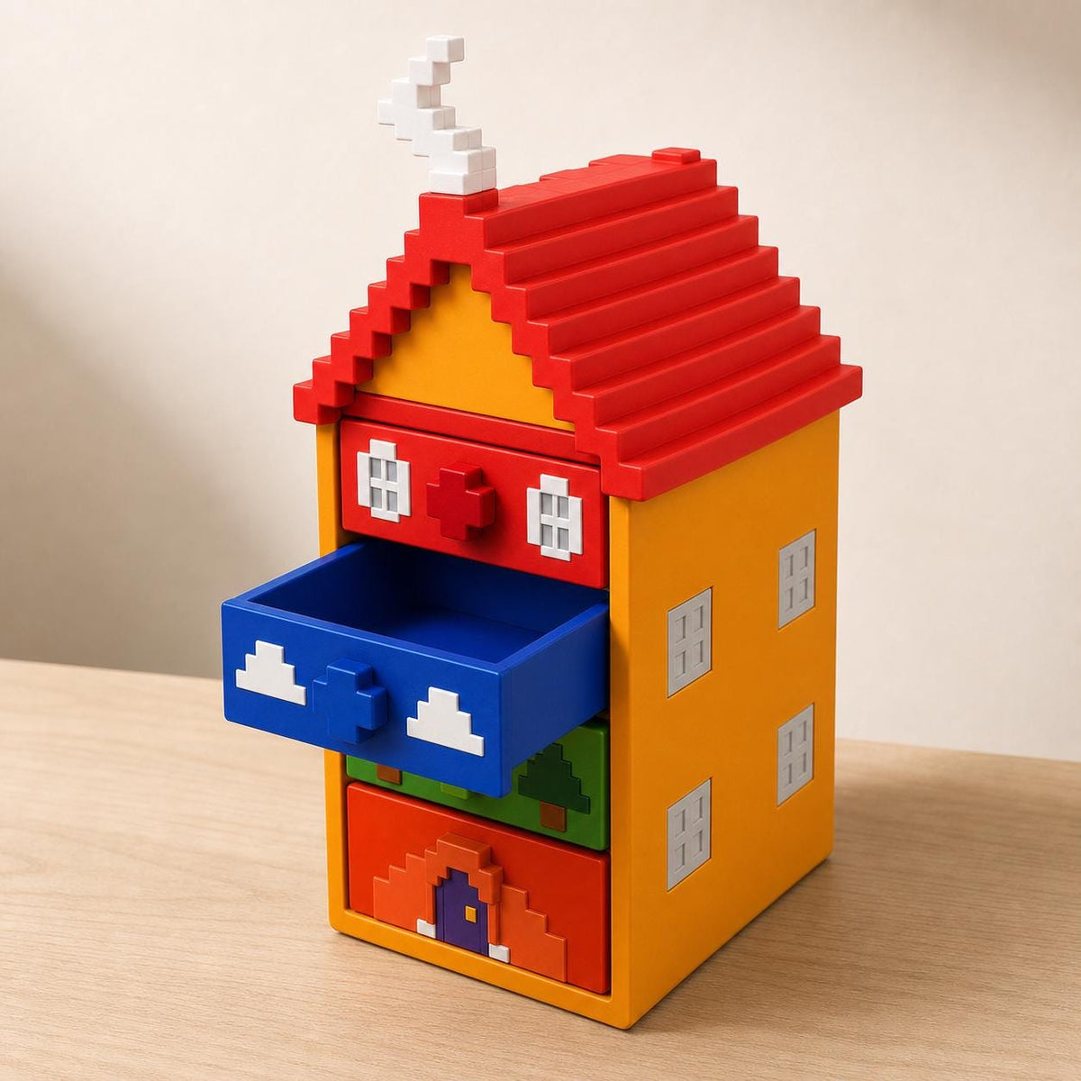 Close view of the PixelHaven house organizer on a wood desk with the empty blue cloud drawer pulled open