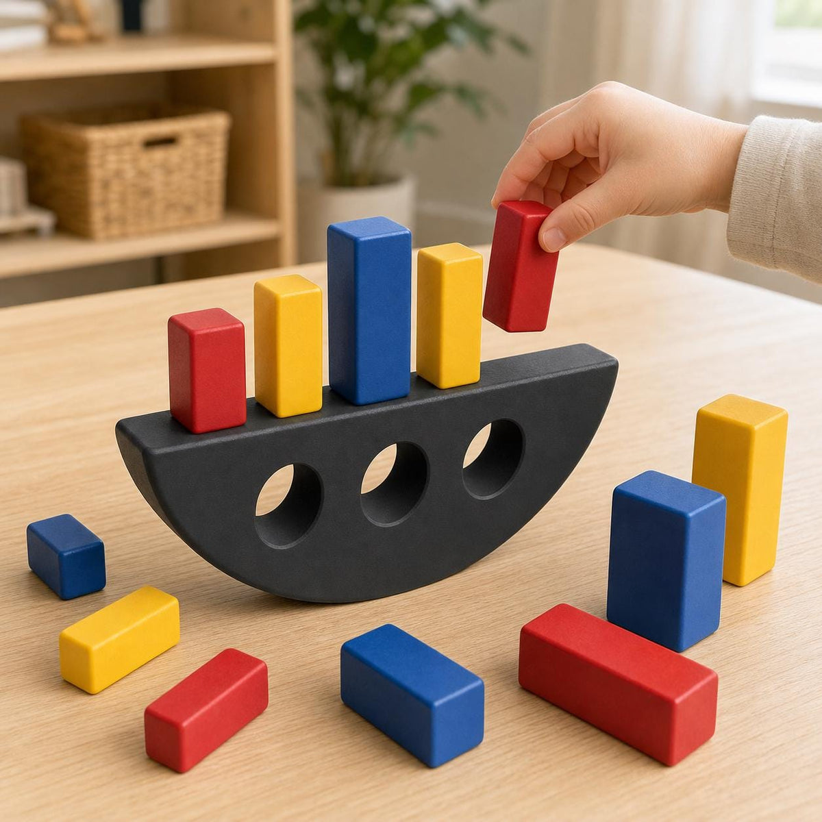 Child placing a red block above the Arcade Pop ArcTumble rocker while the remaining eleven colorful blocks stay visible on the table