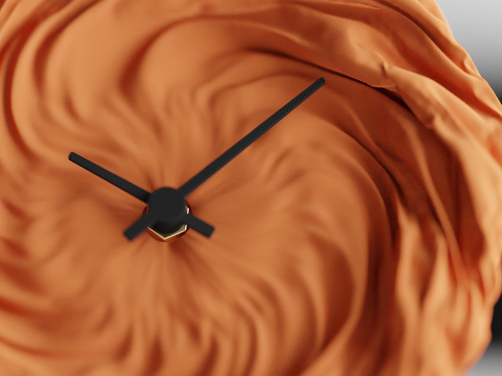 Detail view of the FoldWhirl clock face with black hands and gold center pin