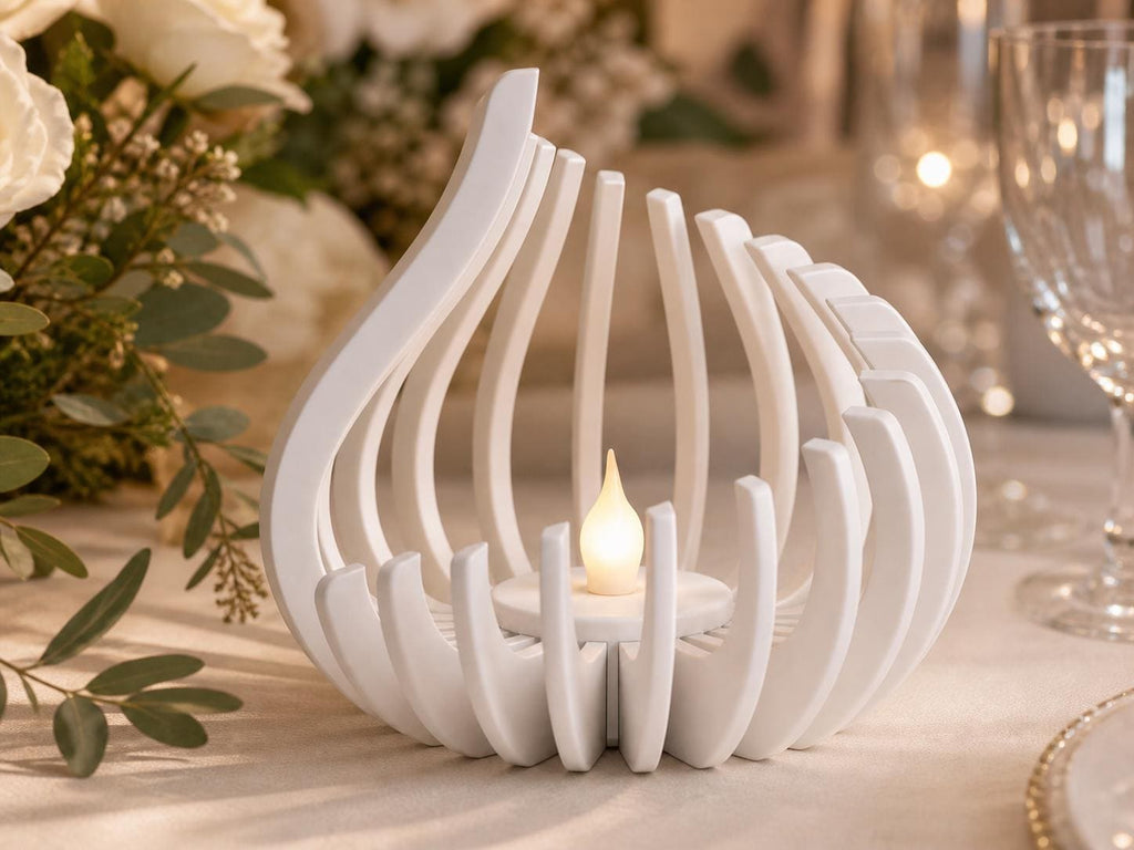 White FlareNest LED tealight holder styled as an elegant wedding reception centerpiece
