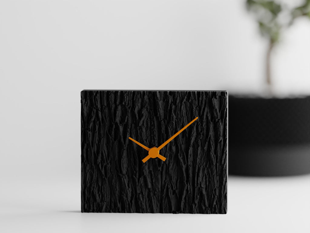 Straight-on close-up of the Barkhaven clock's deep bark relief