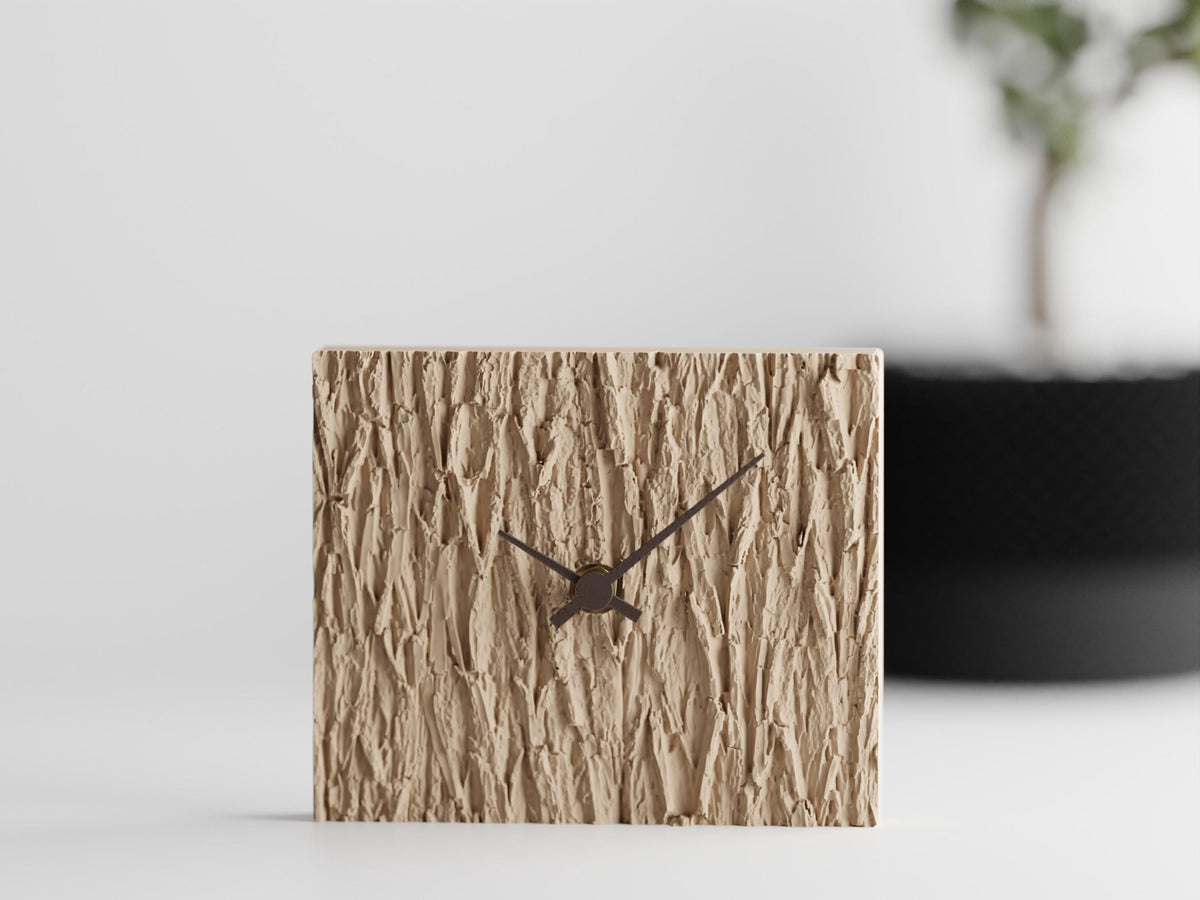 Barkhaven sculptural table clock in Desert Tan with Dark Chocolate hands