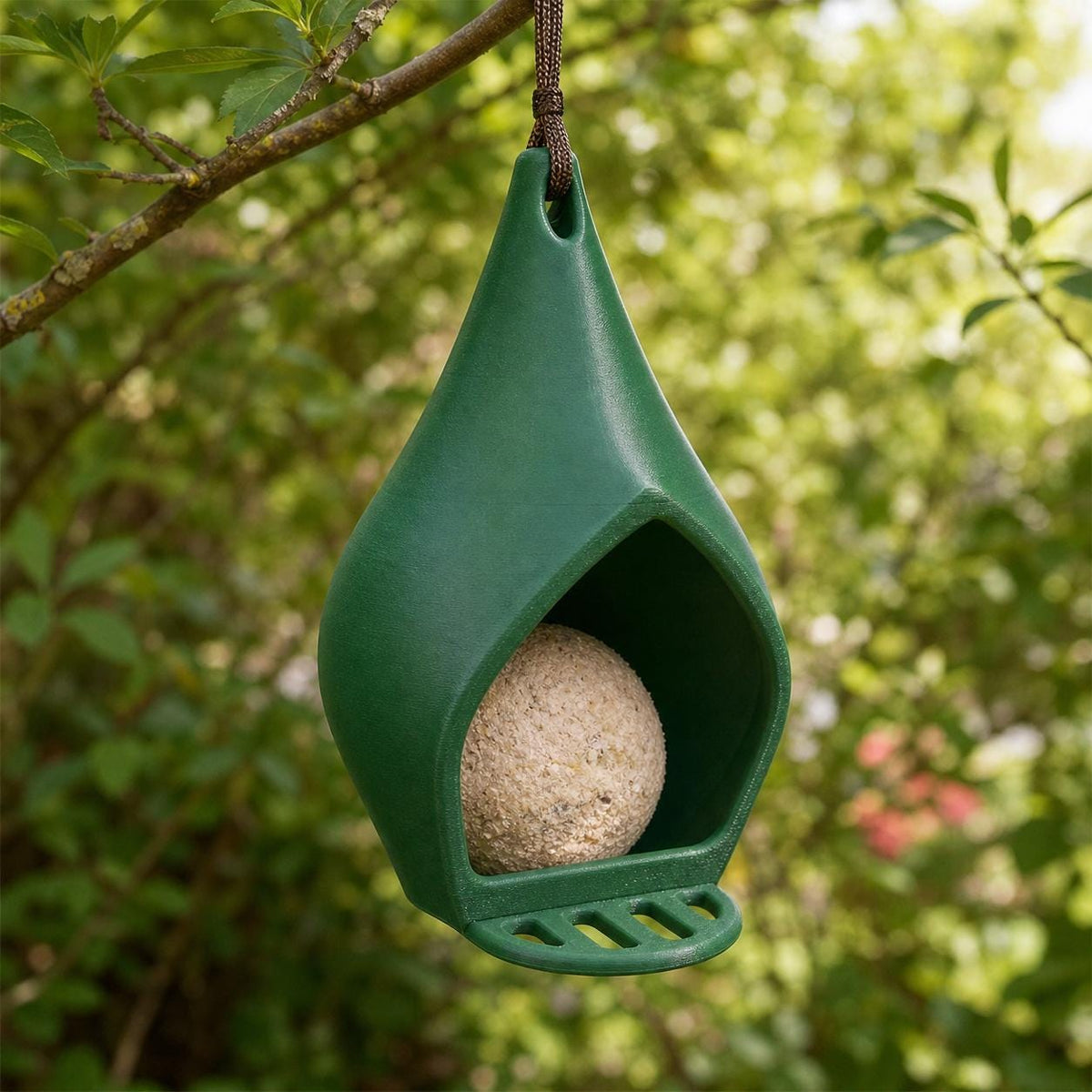 Forest Green Dewdrop Nook suet ball feeder hanging in a leafy garden