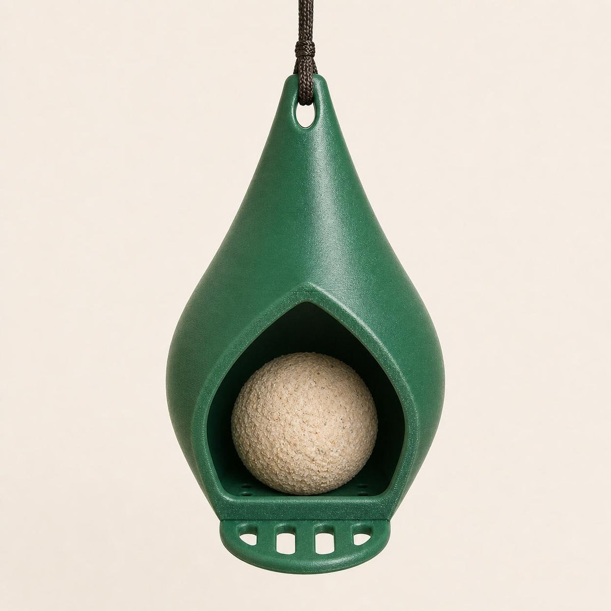 Front view of the Forest Green Dewdrop Nook feeder with one round suet ball