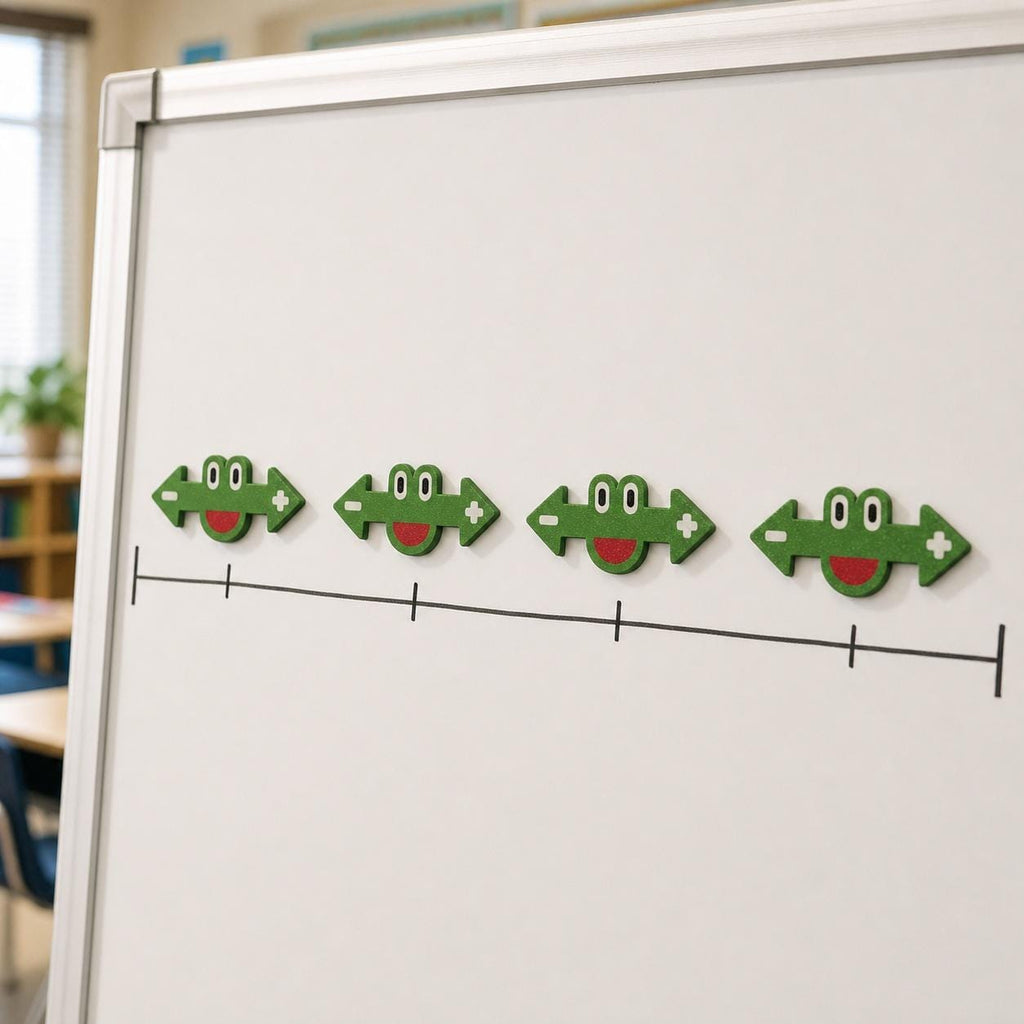 Four green frog-shaped magnetic math markers arranged around an unlabeled tick-mark line on a classroom whiteboard.
