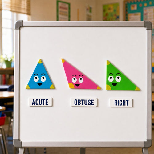 Blue acute, pink obtuse, and green right triangle characters with their English labels on a classroom whiteboard.