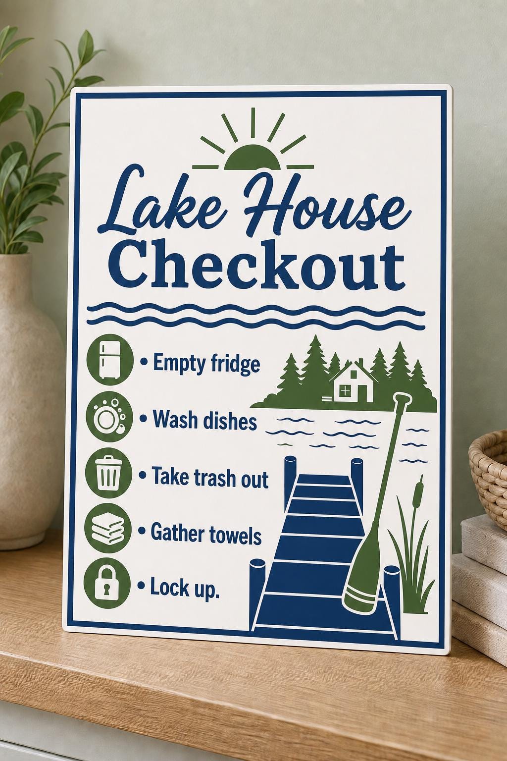 Dockside navy and green lake house checkout sign upright on a pale-sage entry console in a tight close-up.