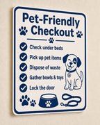 PawStay navy and cream pet-friendly checkout sign mounted on a cream wall from a close side angle.