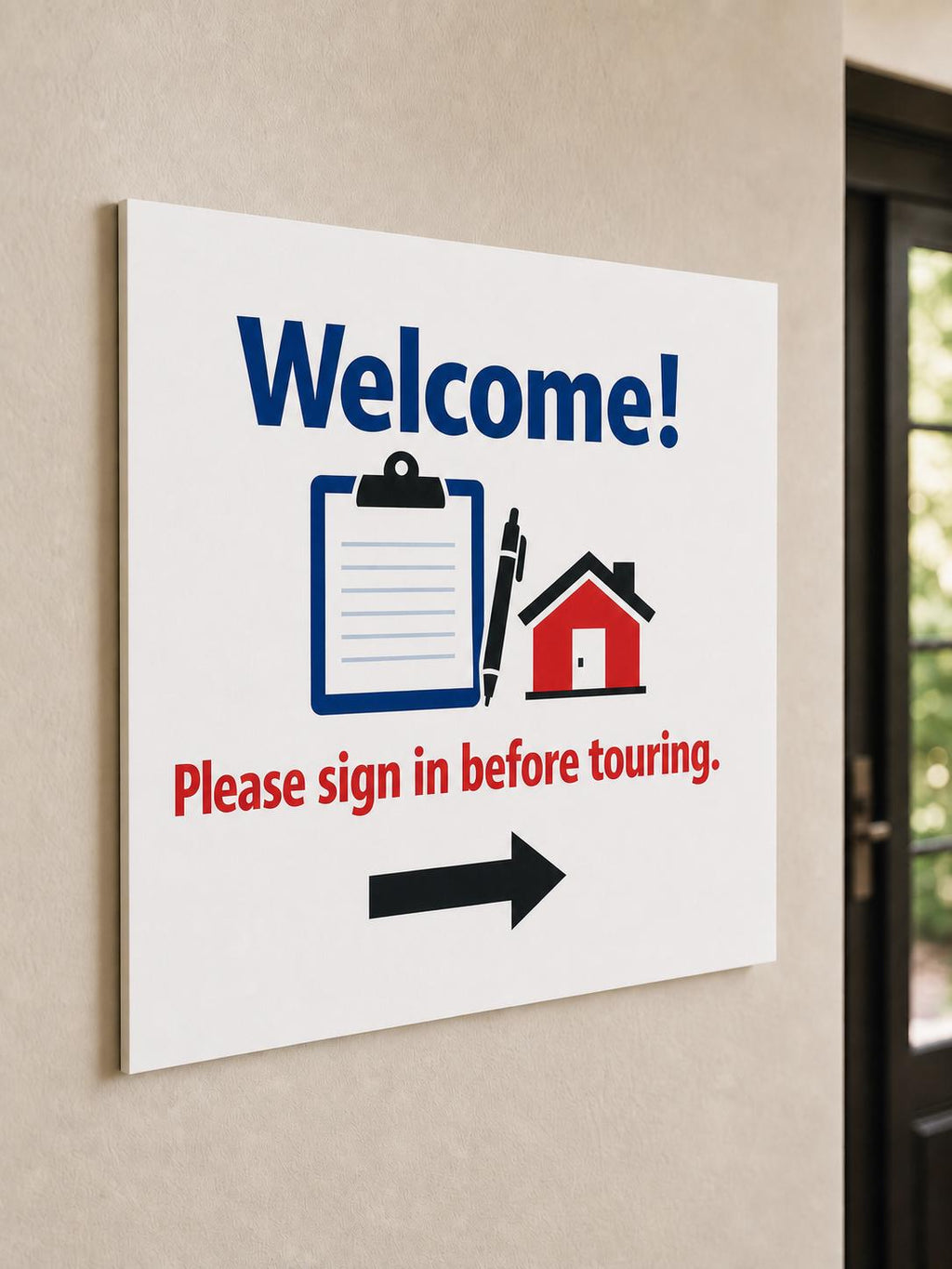 WelcomeRoute multicolor open-house sign-in sign mounted on a warm neutral entry wall from a close side angle.