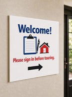 WelcomeRoute multicolor open-house sign-in sign mounted on a warm neutral entry wall from a close side angle.
