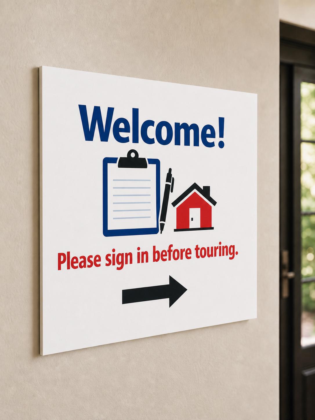 WelcomeRoute multicolor open-house sign-in sign mounted on a warm neutral entry wall from a close side angle.