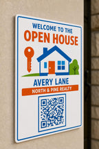 Keyline multicolor agent open-house sign mounted on a neutral wall from a close side angle with Avery Lane and a finished sample QR code.