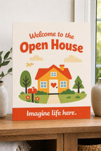 SunnyDoor multicolor open-house welcome sign upright on a light entry console with a cheerful yellow home and garden.