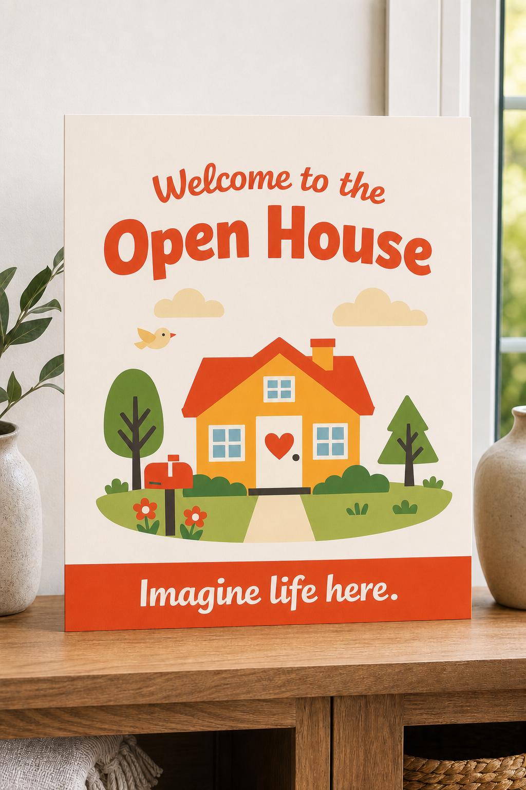 SunnyDoor multicolor open-house welcome sign upright on a light entry console with a cheerful yellow home and garden.
