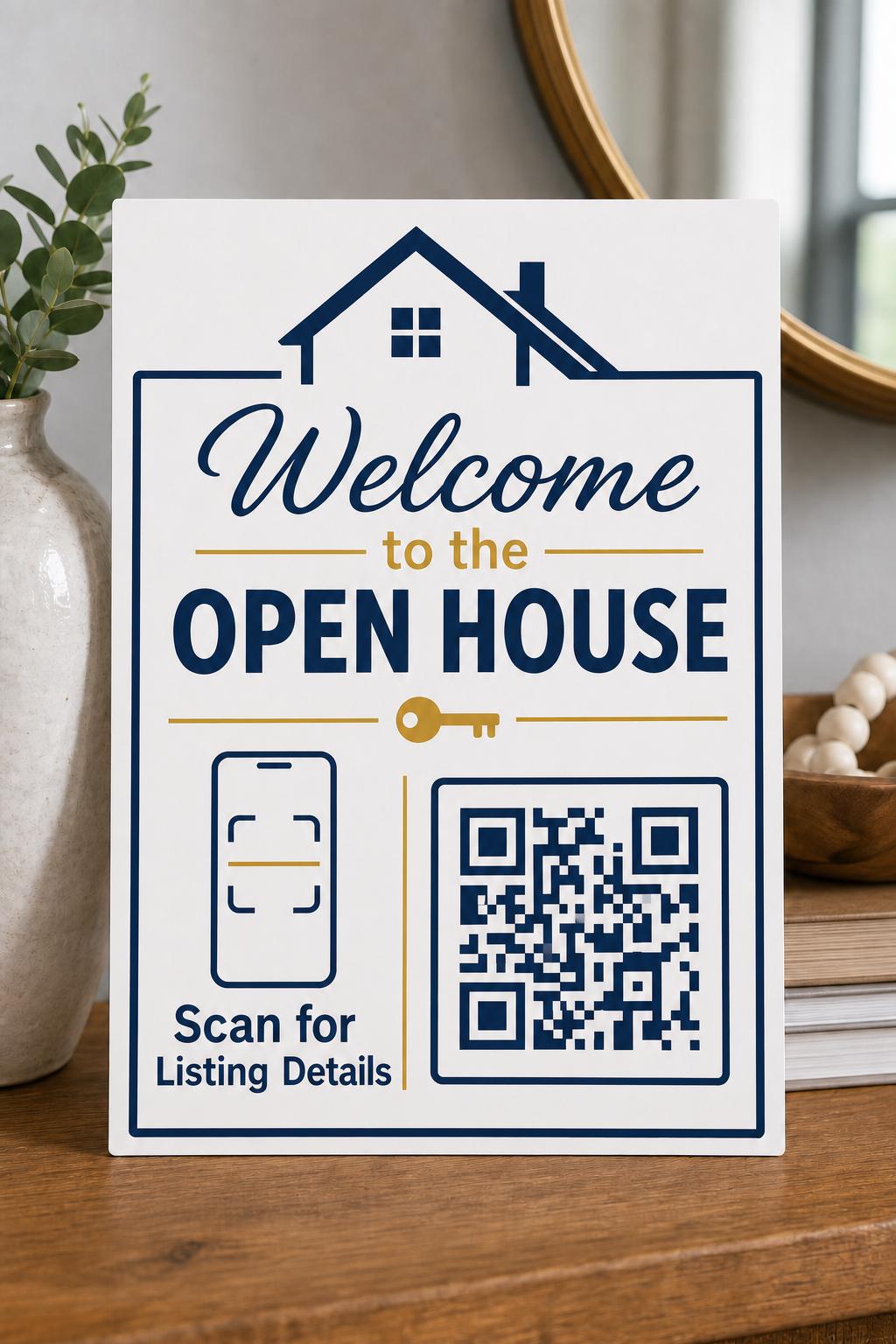 HouseKey multicolor listing-details sign upright on a light entry console with a finished sample QR code.