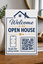HouseKey multicolor listing-details sign upright on a light entry console with a finished sample QR code.