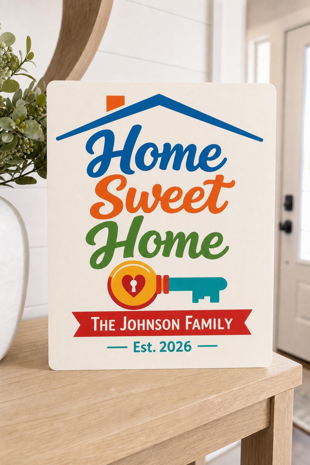 Home Sweet Home colorful family sign shown close up with a bright key, Johnson family name, and 2026.