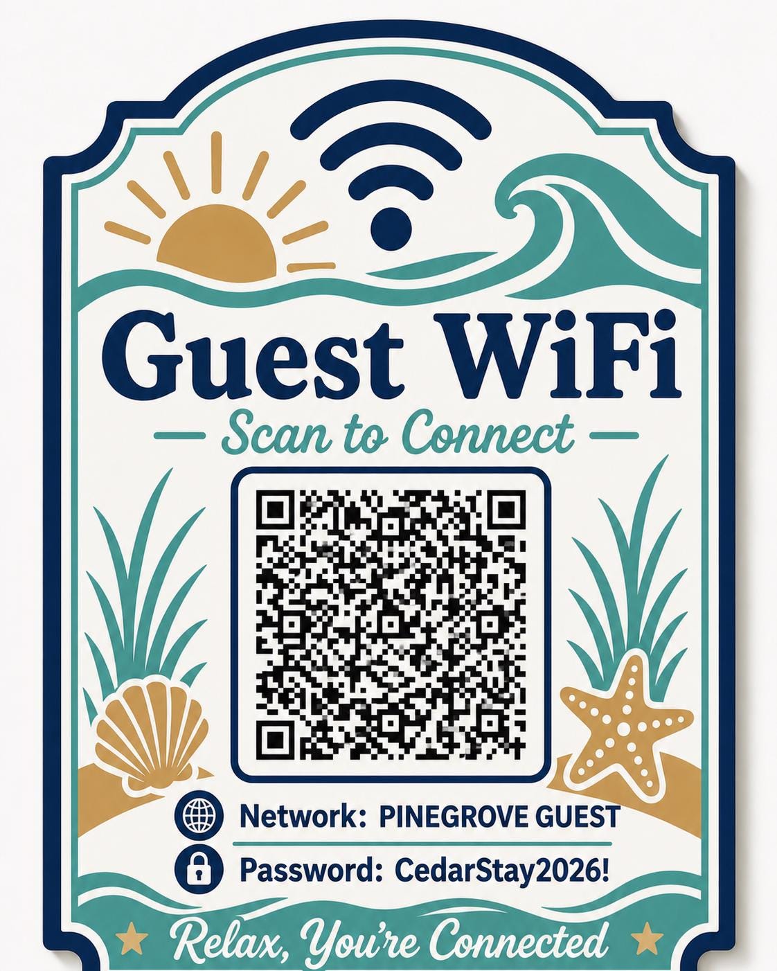 Coastal Current Guest WiFi Sign textured multicolor sign shown close up against a plain warm white background in navy, seafoam, sand, and cream with a complete QR code and sample guest network details.