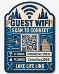Lake Life Link Guest WiFi Sign textured multicolor sign shown close up against a plain warm white background in navy, lake blue, taupe, and cream with a complete QR code and sample guest network details.