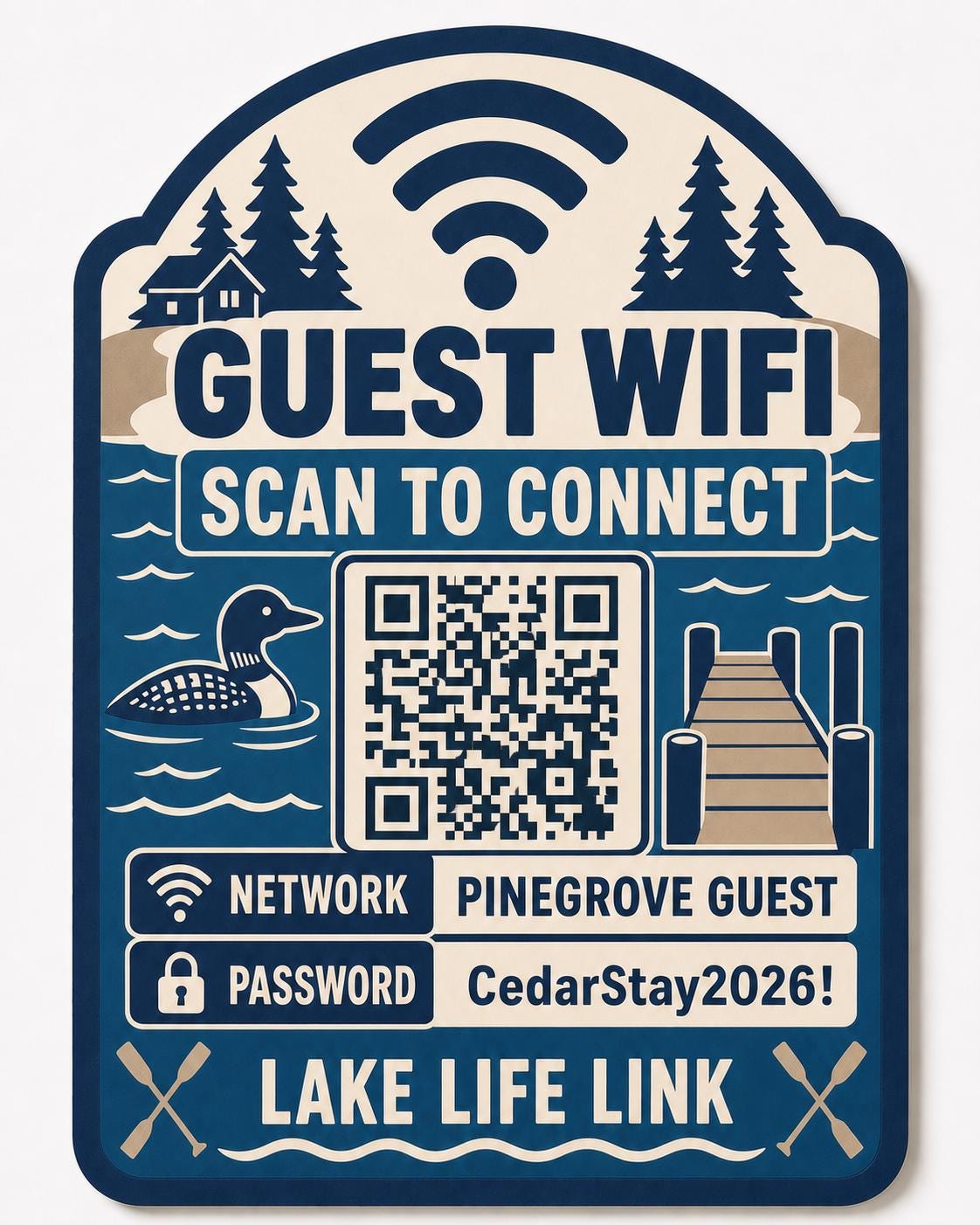 Lake Life Link Guest WiFi Sign textured multicolor sign shown close up against a plain warm white background in navy, lake blue, taupe, and cream with a complete QR code and sample guest network details.