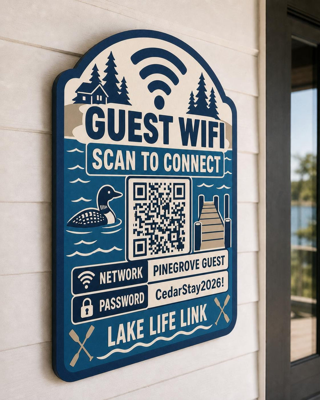Lake Life Link Guest WiFi Sign textured multicolor sign mounted on a realistic neutral interior wall from a close side angle in navy, lake blue, taupe, and cream, showing the QR code and guest network details.