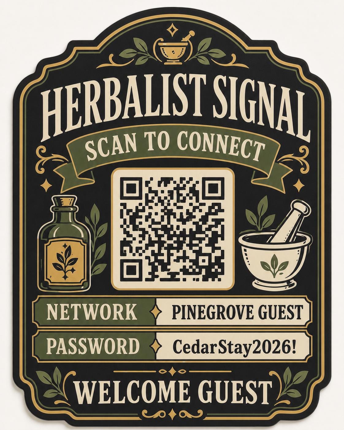 Herbalist Signal Guest WiFi Sign textured multicolor sign shown close up against a plain warm white background in black, olive, cream, and antique gold with a complete QR code and sample guest network details.