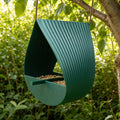 Forest Green Ribbon Roost ribbed loop bird feeder hanging in a garden